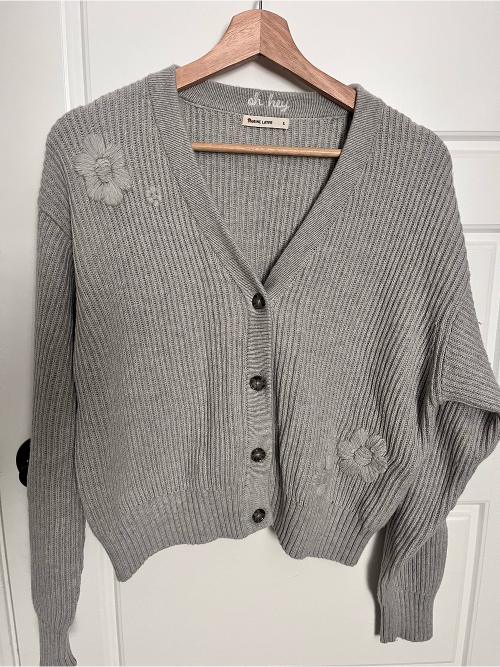 Marine Layer Gray Ribbed V-Neck Button Cardigan with Floral Applique